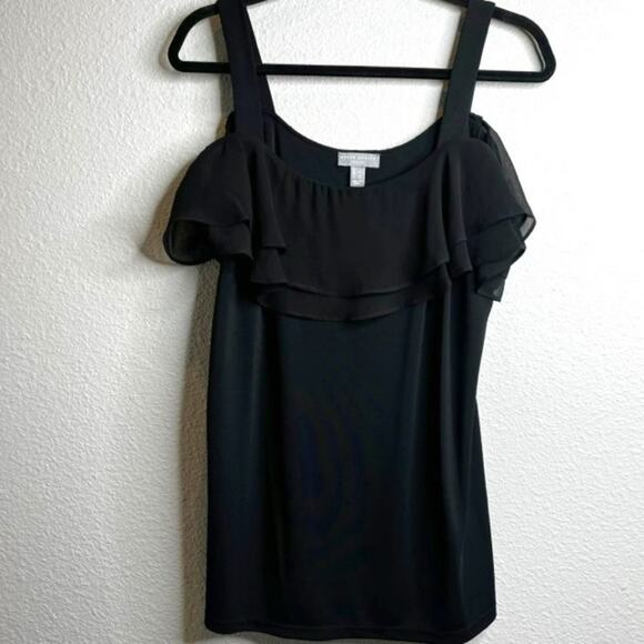 Susan Graver Large Premier Knit Off-the-Shoulder Ruffle Black Top - Picture 1 of 6